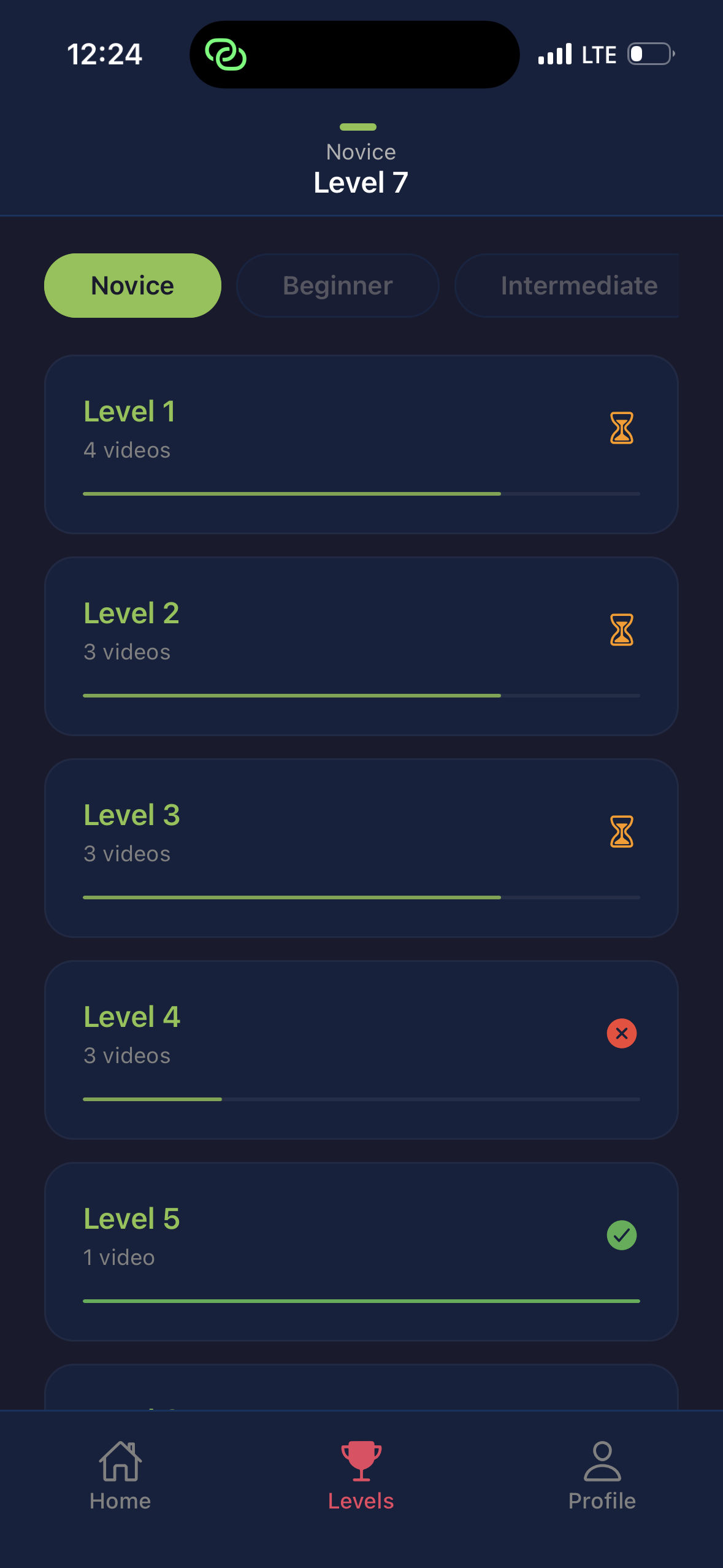 Freestyle Tennis app — levels list